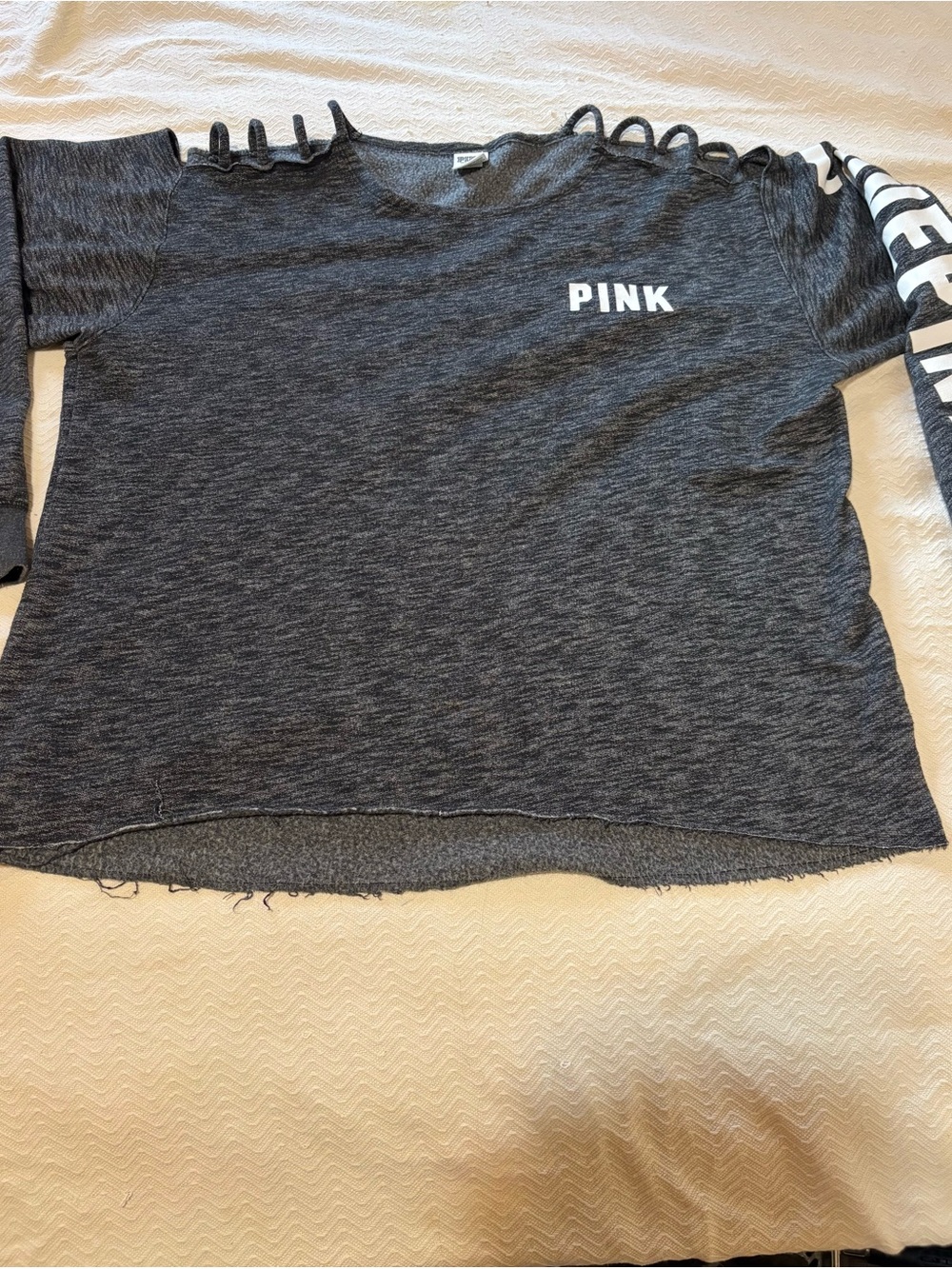 PINK Victoria's Secret Charcoal Gray Cutout Shoulder Sweatshirt with white logo